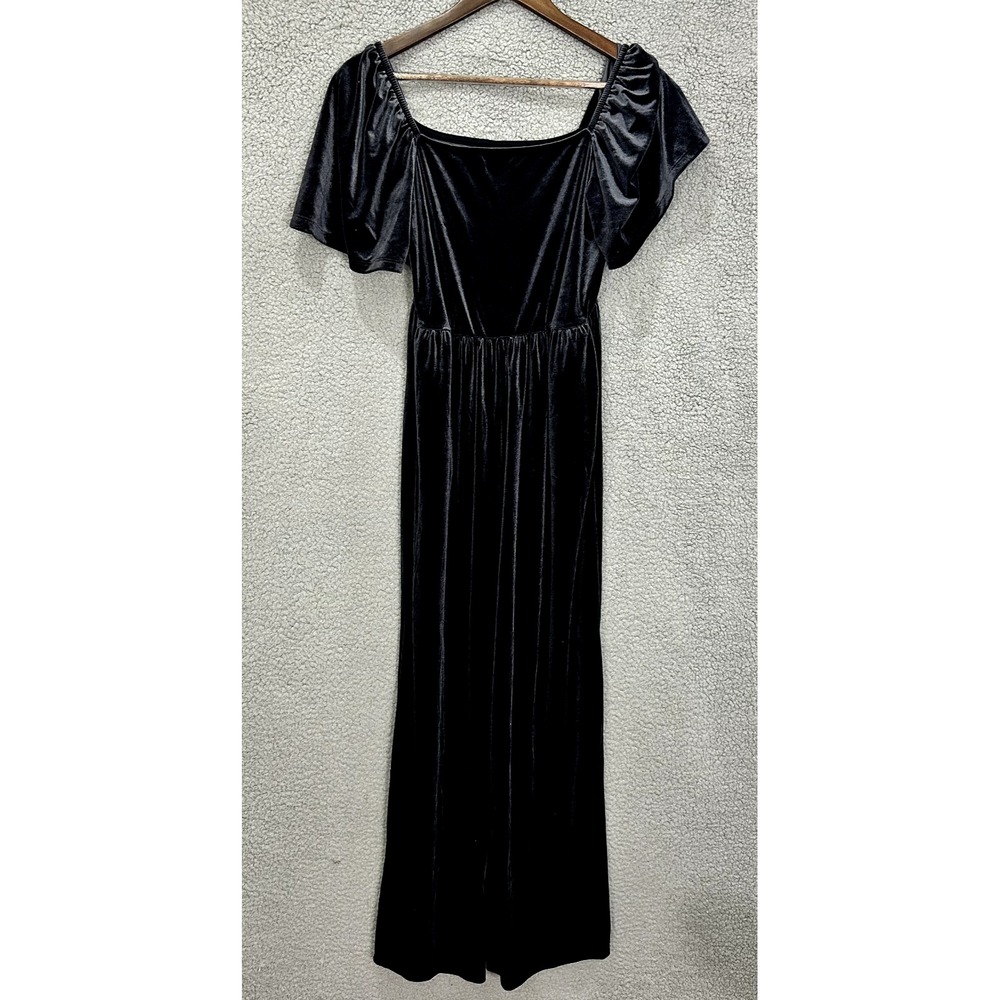 Old Navy Velvet Jumpsuit L Gray Puff Sleeve Wide Leg Whimsigoth Gothic Romantic